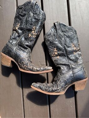 Corral Boots Women’s Black Leather / Lizard Western Cowboy Boots Sz 8
